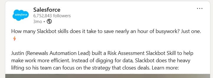 Salesforce LinkedIn feature highlighting the Risk Assessment Slackbot Skill